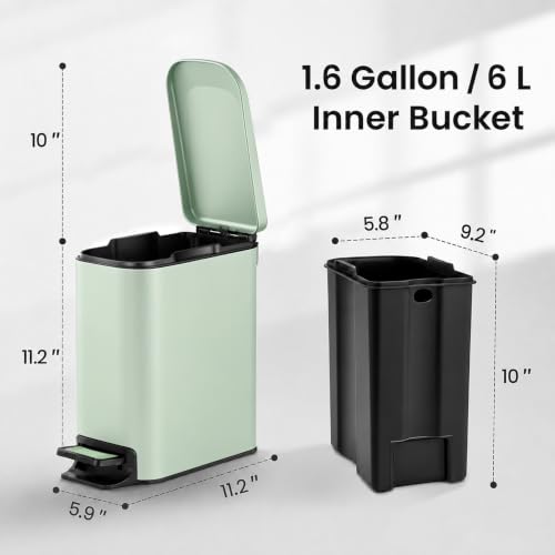 Image of TIPGO Small Bathroom Trash Can with Lid, 1.6 Gal, Soft Close, Green | Foot Pedal, Soft Quiet Lid, 5.9'' Slim for Narrow Space, Stainless Steel, Anti-fingerprint, Removable Inner Bucket, Odor Seal