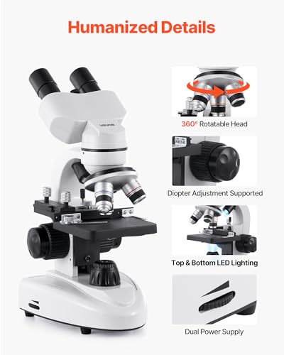 Image of VEVOR Compound Binocular Microscope, 40-2000X Magnification, Professional Compound Microscope for Adult with Phone Adapter, LED Light, Aluminum Alloy Body, for Lab, School, Home, Education