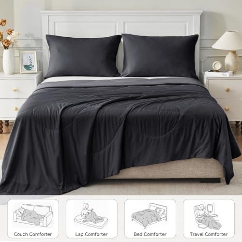 Image of HOMFINE Cooling Comforter Twin Size, Black Summer Cooling Blanket for Hot Sleepers and Night Sweats, Japanese Double-Sided Cold Tech Fabric Q-Max 0.45, Soft Breathable Silky Smooth Lightweight