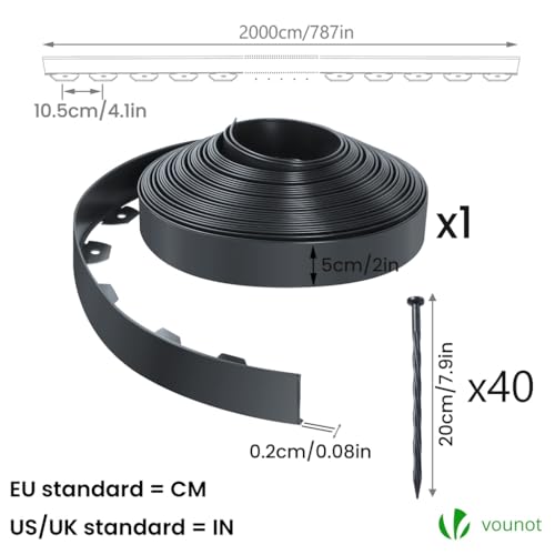 VOUNOT Flexible Rasenkante Kunststoff, mit 40 Erdanker, Länge 20m Höhe 5cm, Anthrazit