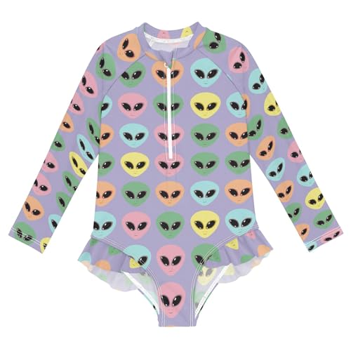 Cute Alien UFO Girls Long Sleeve Rashguard Swimsuit UV Protection One-Piece Swimwear Bathing Suit B0404035