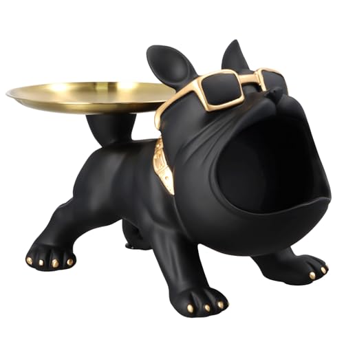 Mapille Vassoio decorativo per bulldog francese, Statua del vassoio del bulldog francese con vassoio in acciaio inossidabile, Scultura di cane in resina, Decorazione per corridoio, soggiorno, nero