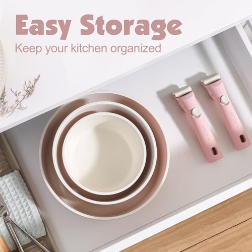Image of SENSARTE 17 Piece Ceramic Pots and Pans Set, Nonstick Detachable Handle Cookware, Induction Kitchen Cookware Set with Removable Handle, Dishwasher & Oven Safe (Pink)