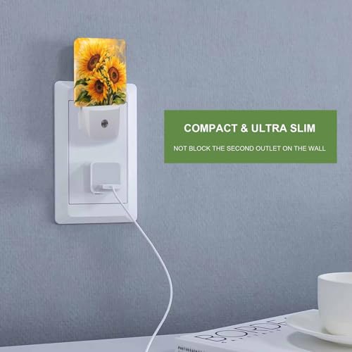Image of LED Night Light,Watercolor Yellow Sunflower LED Night Light Plug into Wall with Dusk to Dawn Light Sensor White Energy Efficient Nightlight for Bedroom Bathroom Hallway Living Room Kitchen