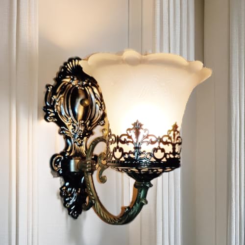 Image of SINOMAN Antique Gold Style Wall Light Fixture Wall Sconce with White Glass Shade, Elegant Lighting for Entryways, Living Room, Staircases, Bedrooms and Home Decoration (Single) (with Bulb)