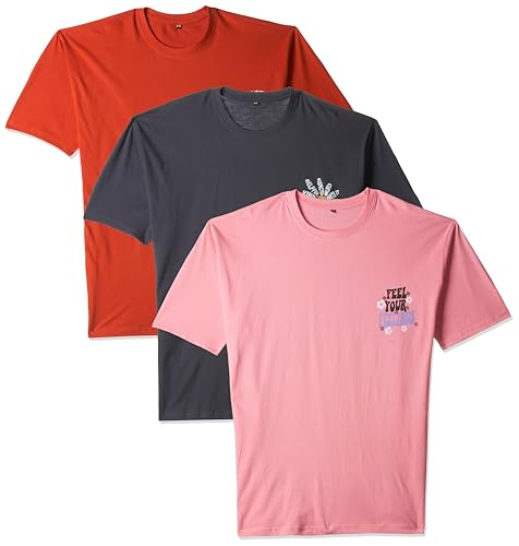 T2F Women's Cotton Solid Oversized Fit Dropshoulder T-Shirt (DRP3P01_Orange+Grey+Pink