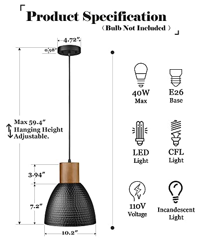 ELYONA Hammered Pendant Light, 10.2” Industrial Hanging Lamp with Solid Wood & Metal Shade, Modern Pendant Light Fixtures for Kitchen Island, Bar, Farmhouse Dining Room, Bedroom, Living Room, Black - Image 4