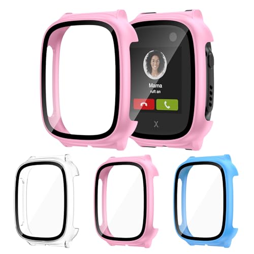 [3Stück] Kamita Hülle Kompatibel mit XPLORA X5 Play Kinder Uhr Stoßfest Schutzhülle mit Integrierter Displayschutzfolie Hart PC Bumper Case Voller Körper Gehäuse für Xplora X5 Play (Rosa+Blau+Klar)