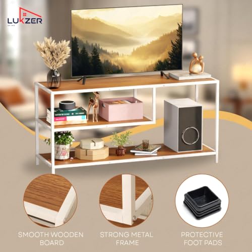 Image of Lukzer Metal & Engineered Wood TV Unit Stand Ideal for TVs Up to 43 Inch | MTU-001 /White + Oak Brown | Open Shelves for WiFi Router, Set-Top Box, Speakers & Decor | Living Room Storage Rack Organizer