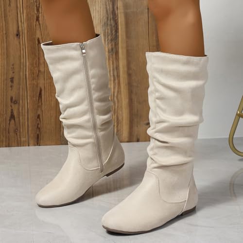 Women's Soft Suede Low Heel Mid Calf Boots | Comfortable Fall Outdoor Footwear with Side Zipper & Non-Slip Sole - Flat Boots,slouch boots for women2