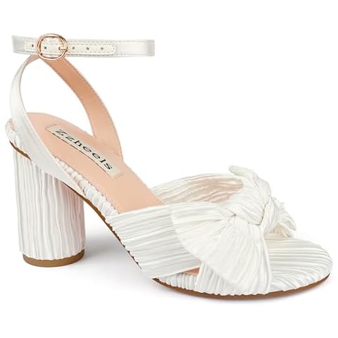 Zzheels Women's Bow Heels Chunky Heel Sandals Open Toe Ankle Strap Block Shoes Bridal Shoes Wedding Heels White US7 Cover