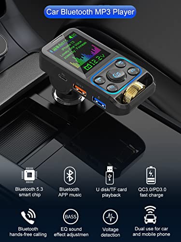 Bluetooth 5.3 FM Transmitter for Car, Stronger Microphone & HiFi Bass Sound, 48W PD&QC3.0 Bluetooth Car Adapter with Hands-Free Call, Noise Reduction, Scroll Wheel Design