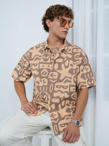 Image of The Souled Store Oversized Shirt: Marine Men and Boys Short Sleeves Collared Neck Button Front Brown All Over Printed Cotton Oversized Shirts