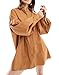 Women's Mini Shirt Dress V Neck Button Down Puff Long Sleeve Tunic Dress Loose Fit Brown