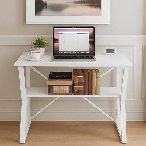 Image of Amazon Brand - Solimo Bonny Desk | DIY Study Table | Laptop Desk for Home & Office | Multipurpose K-Leg Table for Students, Work from Home, Study & Writing, White - DIY.