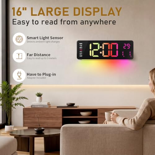 16" Large Digital Wall Clock with RGB LED Display & Remote for Classroom - Image 2