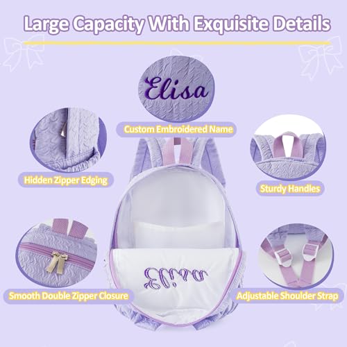 Image of 12inch Daycare Backpack Personalized Small Backpack with Name | Purple Kids Backpacks for Age 1-3,Lightweight Quilted Fabric,Large Front Pocket with Bow,Padded Shoulder Strap,Custom Gift