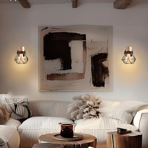 Aplique de pared vintage industrial iDEGU con madera y metal negro pack de 2 lámparas E27 2
