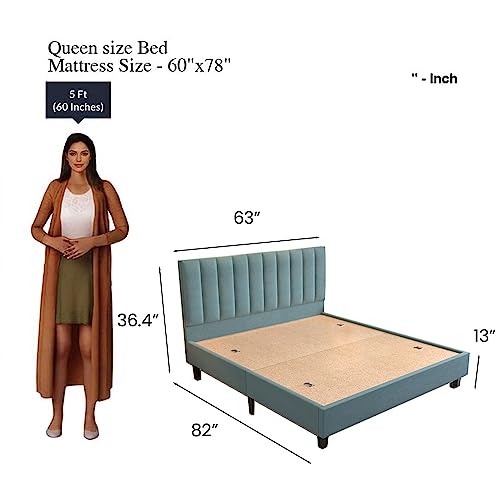 Image of DRIFTINGWOOD Florina Solid Engineered Wood Low Height Queen Size Bed Without Storage | Wooden Double Bed | Low Floor /Rise /Level /Profile Cot Bedroom Furniture | Cyan, Self Assembly (DIY)