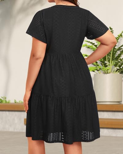 Plus Size Summer Dress - Casual Sundress Beach Short Sleeve V Neck Tiered Button Up Boho Midi Flowy Sun Dresses Women4