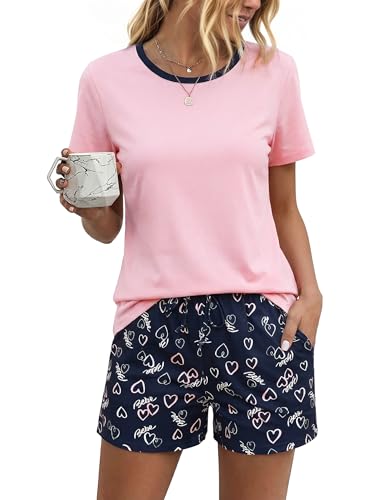 Litherday Schlafanzug Damen kurz Baumwolle Pyjama Set Sommer Zweiteiliger Herzmuster Shorts und Nachtwäsche Rundhals