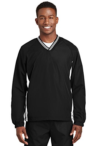 SPORT-TEK Tipped V-Neck Raglan Wind Shirt JST62, Black/White, XX-Large