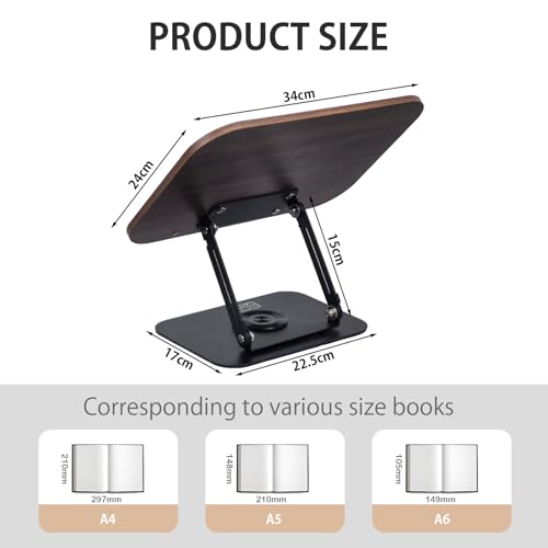 HCSHWILL-Book-Stand-for-Reading-Book-Holder-Adjustable-Book-Holder-with-360-Swivel-Base-Lightweight-Foldable-Desktop-Ricer-for-CookbookSheet-MusicLaptopRecipeTextbook-Dark-Wood-Color