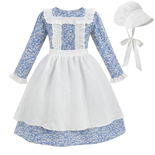 Disfraz Colonial Prairie para Niñas Azul con Delantal y Capota
