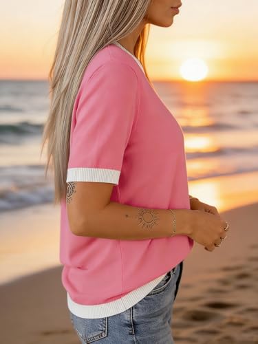 Image of Womens Short Sleeve Striped Color Block Crew Neck Sweater Shirt Lightweight Cotton Casual Summer Pullover Tops