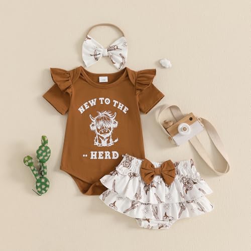 Chloefairy Newborn Baby Girl Western Clothes New to the Herd Romper Cow Print Shorts Set Summer Coming Home Cowgirl Outfit4
