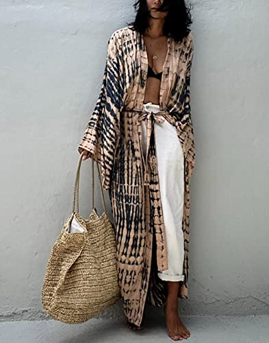 Women's Open Front Tie Dye Long Kimono Cover Ups with Belt Summer Loose Long Kimono Robe Swimsuits2