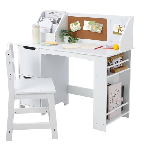 White Study Desk and Chair Set with Bookshelf, Bulletin Board, and Cabinets - Ideal for Boys and Girls Ages 3-8