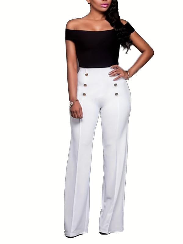ThusFar Womens Stretchy High Waisted Wide Leg Button-Down Pants Sailor Bell Flare Pants