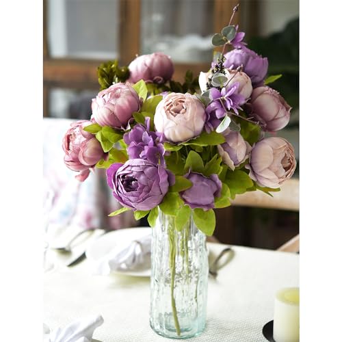 Image of FiveSeasonStuff Dusty Purple, Mauve & Greenery Accents Artificial Peony Bouquet, Two Faux Silk Flower Bundles with Hydrangeas
