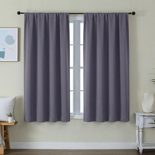 Image of Simplebrand Ava Greyish Purple Short Blackout Curtains for Bedroom 54 Inches Long 2 Panels Set, Solid Thermal Insulated, Energy Saving Window Treatment Curtains Blackout Drapes, W40 x L54 Inch