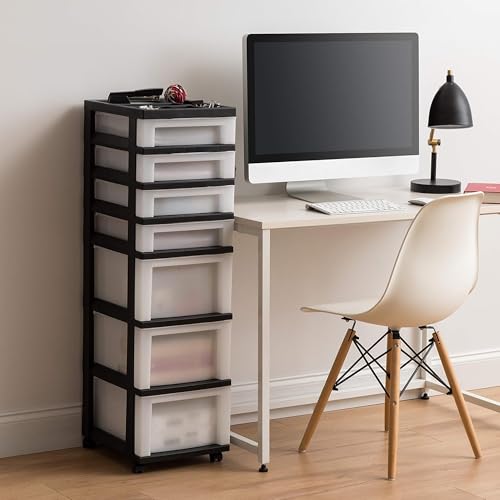 Image of IRIS USA 2 Pack 7-Drawer Plastic Storage Rolling Organizer Cart with Caster Wheels for Laundry Room, Bathroom, or Closet Dresser Storage, Black /Clear