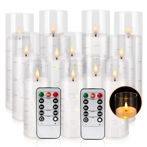Image of Pack of 12 Ivory Flickering Flameless Candles (D2.2 X H 5 inch 6 inch 7 inch) Battery Operated with Remote, White LED Pillar Candles with Realistic Moving Wick for Halloween, Christmas, Home Decor & Wedding.