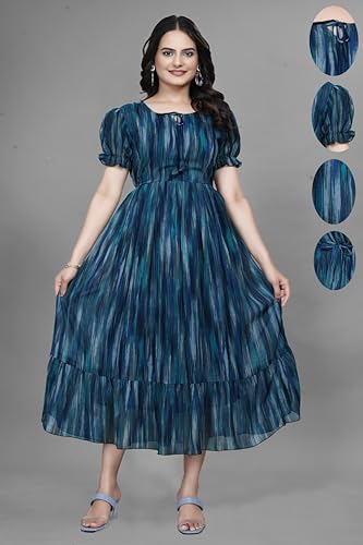 Image of Women Gown with Abstract Print | Georgette One Piece Dress with Puff Sleeves | Round Neck Tiered Midi Frock for Women | Ladies Western Maxi Dress