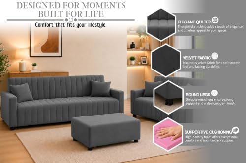 Image of Rosebell 3+2 Fabric Sofa Set with Ottoman | Velvet Upholstery 5 Seater Sofa | with Printed Cushions | Living Room Furniture | Grey Color