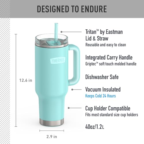Image of THERMOS Stainless Steel Cup Holder Mug - 40 Ounce, Sea Green - Insulated Tumbler with Lid and Straw, Plus Leak-Resistant Slide Lock