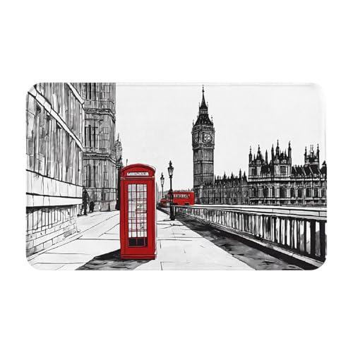 Red Phone Booth London Street Print Living Room Bathroom Kitchen Anti Slip and Absorbent Carpet, Indoor Entrance Door Muddy Floor Mat, Ultra Soft Washable Carpet 21x31.5 Inches