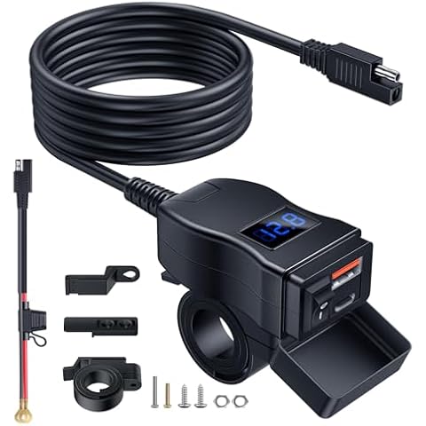 EXTRACTME Motorcycle USB Charger, Dual USB Type C PD & Quick Charge 3.0 Motorcycle Phone Charger with Voltmeter & ON/Off Switch, Waterproof Motorcycle Accessories for All Phone, Tablet, GPS Cover