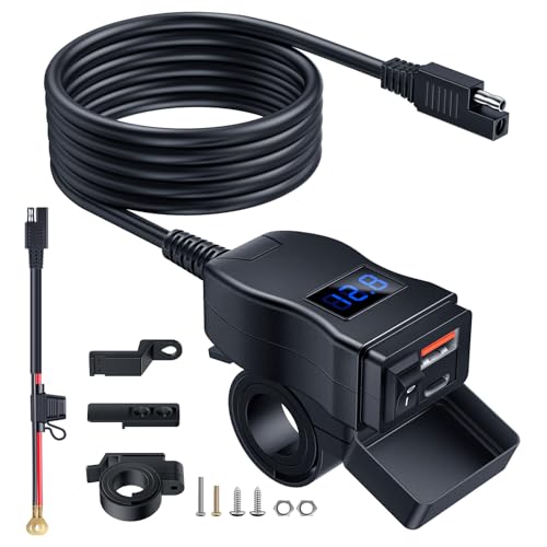 EXTRACTME Motorcycle USB Charger, Dual USB Type C PD & Quick Charge 3.0 Motorcycle Phone Charger with Voltmeter & ON/Off Switch, Waterproof Motorcycle Accessories for All Phone, Tablet, GPS