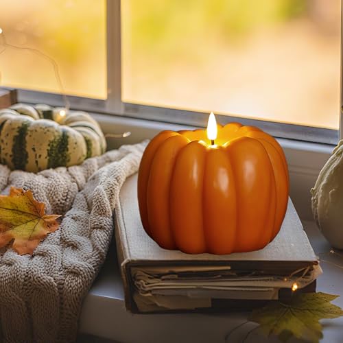 Image of Fall Flameless Candles with Remote, Real Wax Pumpkin Shaped Candle | Flickering Orange Battery Operated Candles, Remote Included, For Autumn, Harvest, Thanksgiving, Halloween, Home, Party Decor