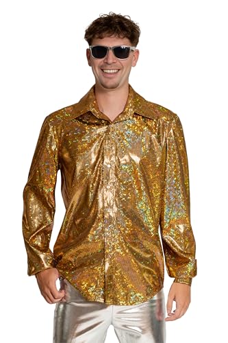 Partychimp Disco-Hemd für Herren 70er-Jahre-Kleidung Disco-Shirt mit Metallic-Glanz glänzendes Langarmhemd Karneval-Outfit Karnevalskostüm Discohemd Größe S bis 3XL (Gold XL)