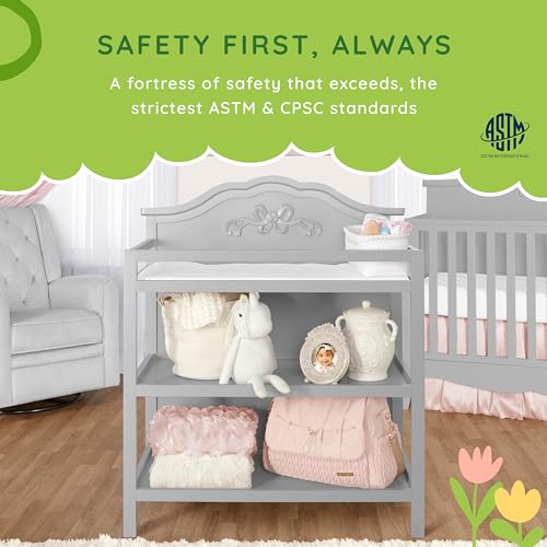 Image of Sweetpea Baby Jasmine Changing Table in Platinum - Solid New Zealand Pinewood, Safety Rails & Strap, Spacious Fixed Storage Shelves, Water-Resistant 1 inch Changing Pad