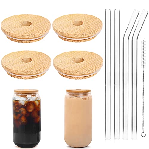 ANOTION Bamboo Lids for Can Shaped Glass, Mason Jar Lids with Straw Hole, 4 Reusable Bamboo Drinking Lid for Regular Mouth Mason Jar with 4 Reusable Glass Straw for Coffee Cup