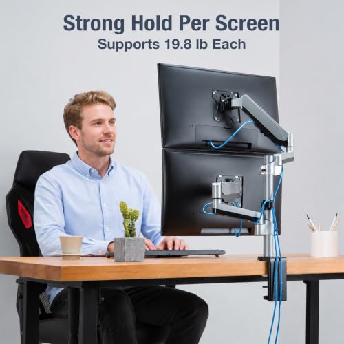 Image of AVLT-Power Dual Monitor Stacking Vertical Mount with Two Gas Spring Aluminum Arm Computer Stand Riser- Full Motion Adjustable, Heavy Duty Holds 17 to 32 Inch Screens, Up to 17.6 lbs Each, VESA 75 /100 | Supports flat /curved /ultrawide screens up to 19.8 lbs each. Smooth gas spring, VESA 75x75 /100x100 and cable management