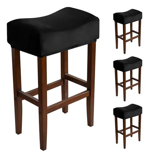 Image of Velvet Rectangle Bar Stool Covers Set of 4 Black Stretch Rectangular Saddle Bar Stool Slipcovers 17-20 Inch Counter Height Chair Slipcovers for Kitchen Island & Vanity (Velvet Black)