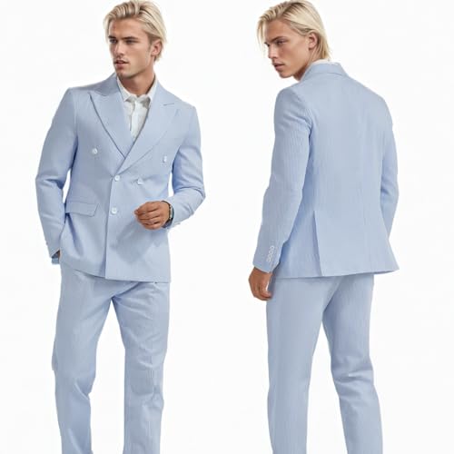 Seersucker Mens Suit Slim Fit 2 Pieces Striped Tuxedos Set Jacket Blazer Pants Double Breasted Summer Suits for Men Prom4